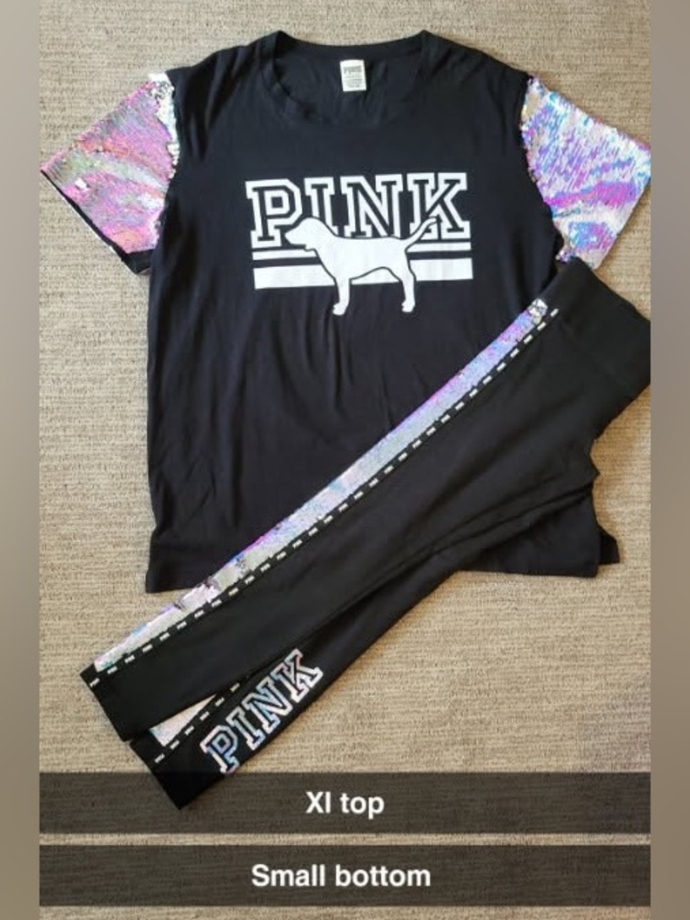 VS PINK Sequin Sleeve Tee & Legging Set — Black with Iridescent Pink Sequin